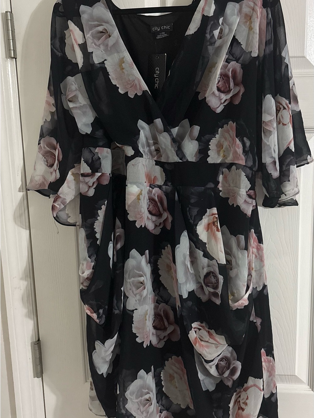 City Chic Black Floral Wrap Dress with Soft Pink Roses